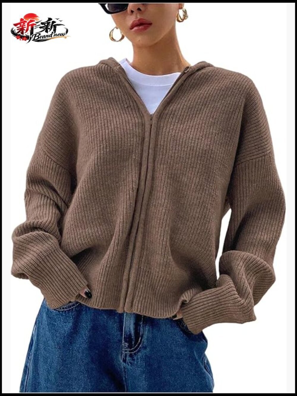 Zip Up Hooded Cardigan Drop Shoulder Knitted Sweater Women's Fall Winter